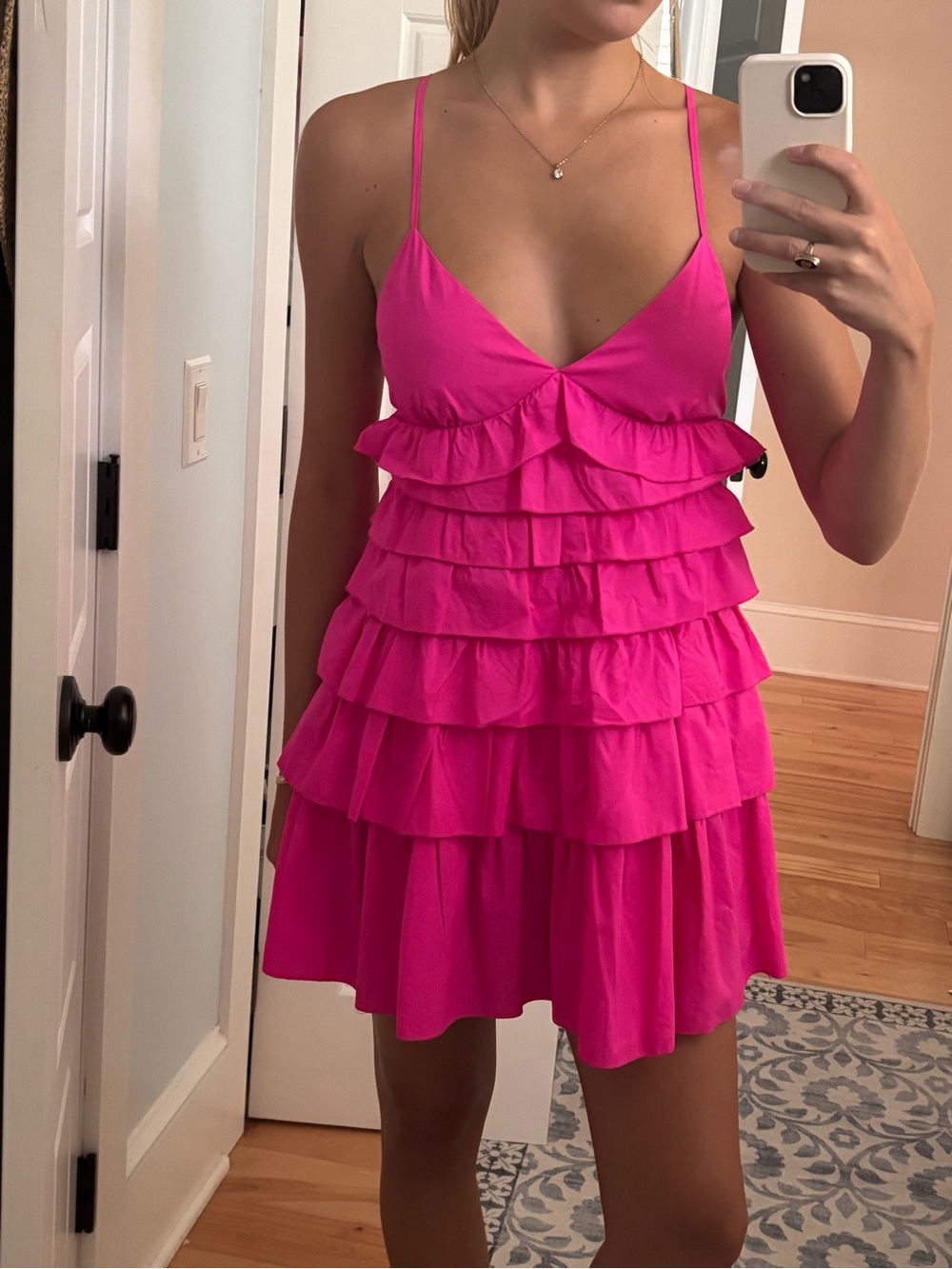 STAUD Hot Pink Ruffle Tiered Mini Dress